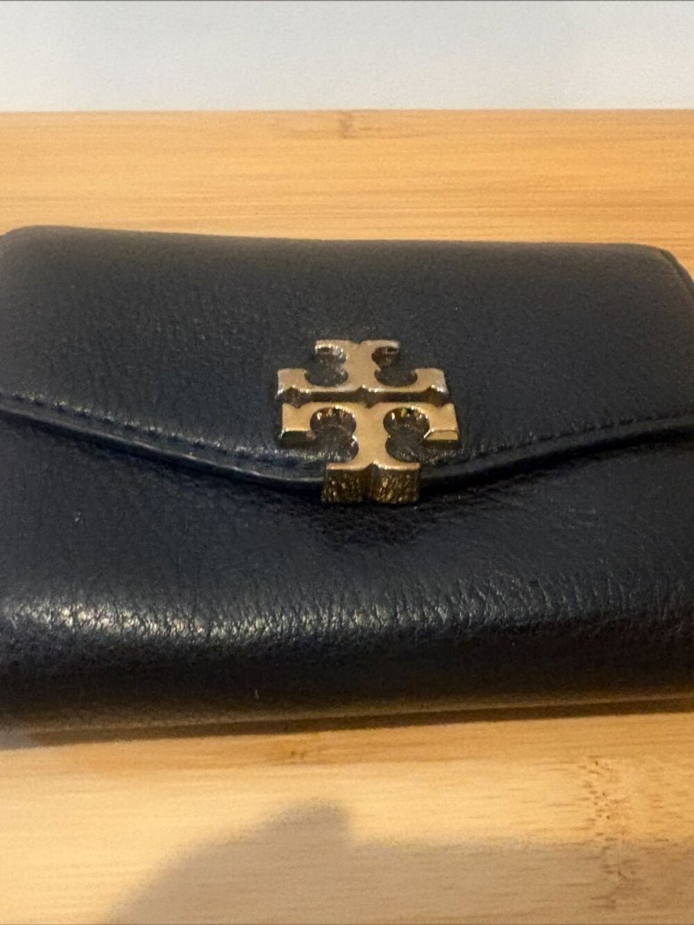 Authentic Tory Burch Kira Medium Black Pebbled Leather Tri-Fold Flap Wallet